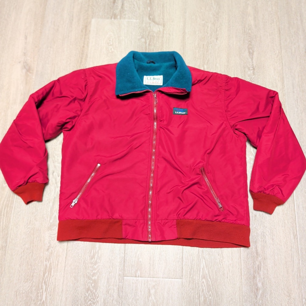 Vintage 90s LL Bean Warm-up Jacket Mens‎ L Red Teal Fleece Lined Bomber Flaws